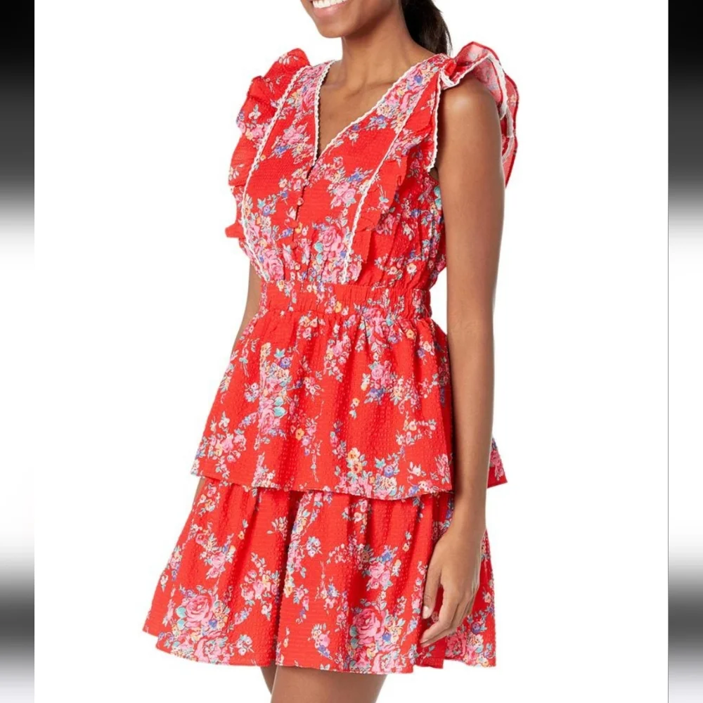 Betsey Johnson Red Floral Cotton Bush Gardens Seersucker Tiered Mini Dress Small - Picture 1 of 5